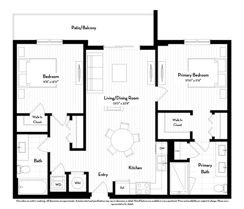 Floor plan for 2 beds, 2 baths, 985 sqft